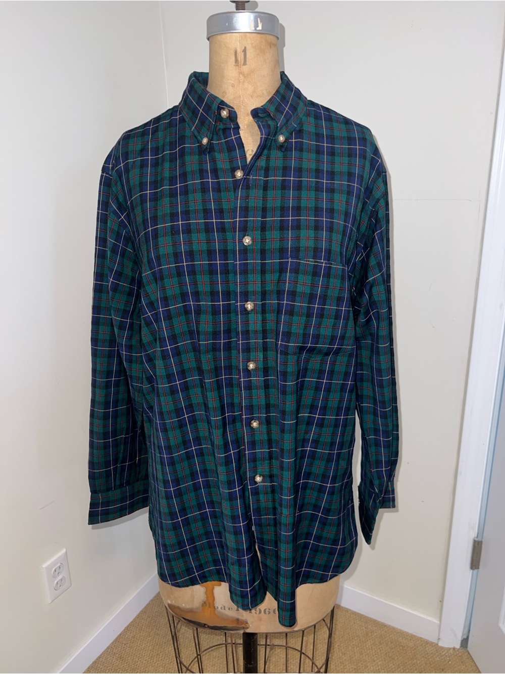 Classic Vintage Pendleton Green and Blue Plaid Button-Down Shirt